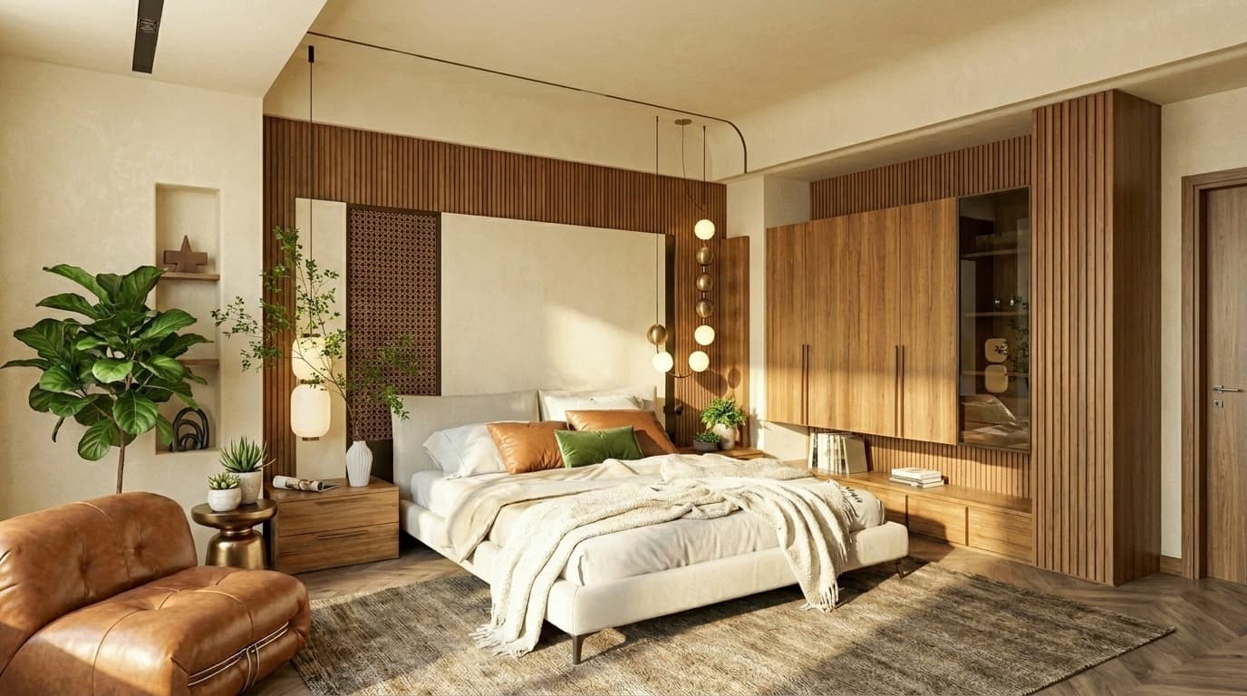 Master bedroom interior in West Facing villa at The Pavillion